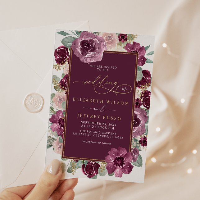 Invitation En Aluminium Élégant moderne Plum or Botanique Mariage floral (Elegant Modern Plum Gold Botanical Floral Wedding Foil Invitation)