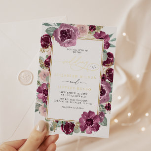 Invitation En Aluminium Élégant moderne Plum or Botanique Mariage floral