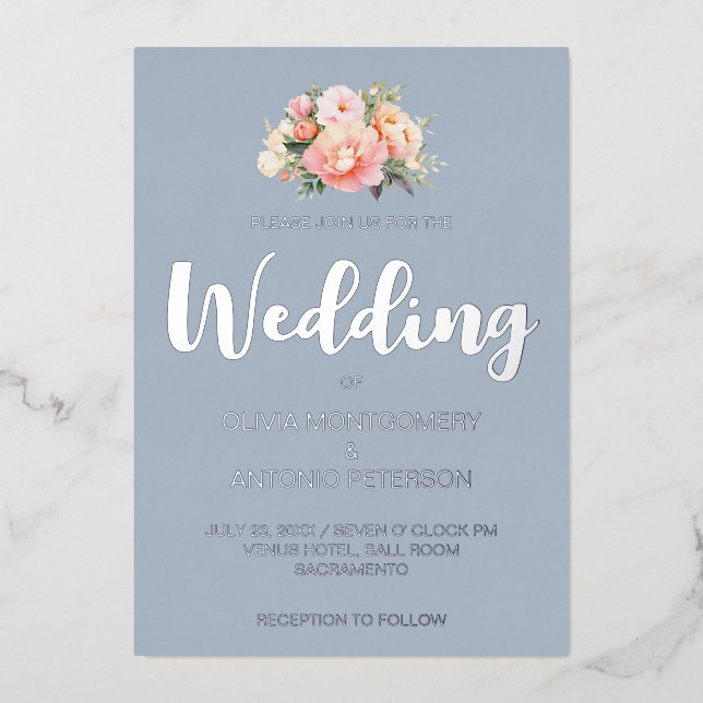 Invitation En Aluminium Elégant moderne Silve Peony rose Dusty Mariage ble (Recto)