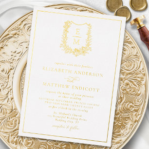 Invitation En Aluminium Élégant Monogram Crest Mariage Gold