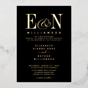Invitation En Aluminium Élégant Monogram Mariage Black Gold
