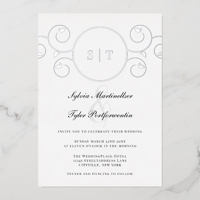 Invitation En Aluminium Élégant Monogram Mariage noir argent (Recto)