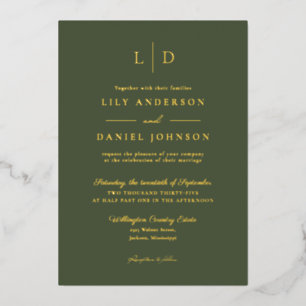 Invitation En Aluminium Élégant Monogramme Code QR Mariage Vert Olive Or