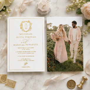 Invitation En Aluminium Élégant Monogramme de Crête en Feuille d'Or Photo