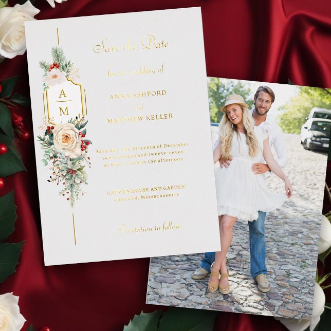 Invitation En Aluminium Élégant Monogramme floral de Noël Enregistrer la d (Créateur téléchargé)