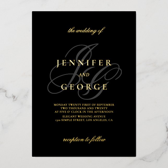 Invitation En Aluminium Élégant monogramme initiales mariage noir or (Recto)