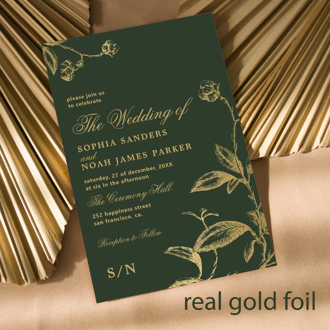 Invitation En Aluminium Élégant monogramme moderne mariage vert foncé or (Créateur téléchargé)