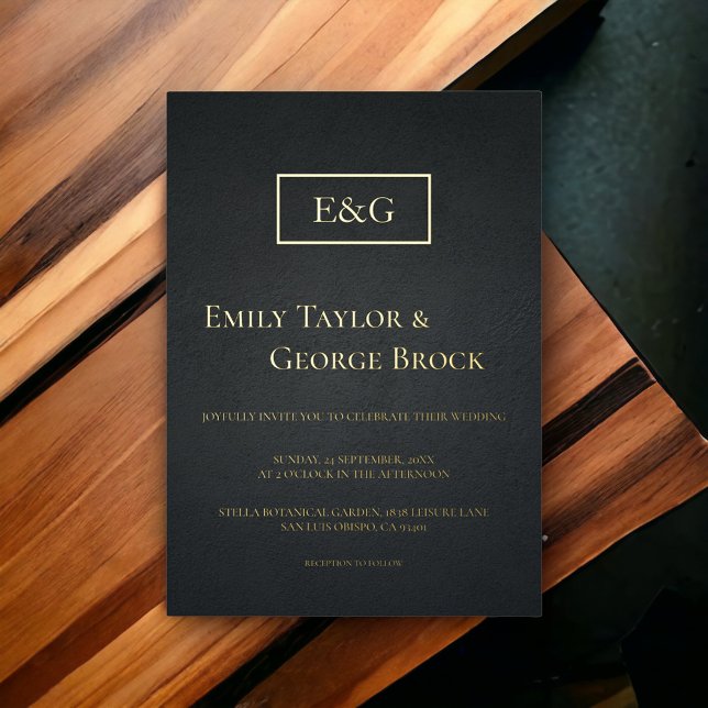 Invitation En Aluminium Élégant Monogramme Noir Et Or Mariage Rustique (Créateur téléchargé)