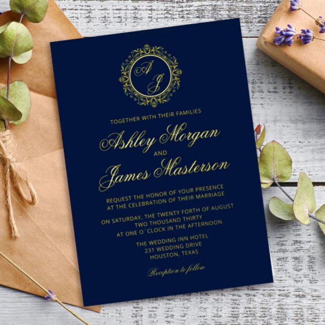 Invitation En Aluminium Elégant Monogramme Or Marine Mariage bleu (Créateur téléchargé)