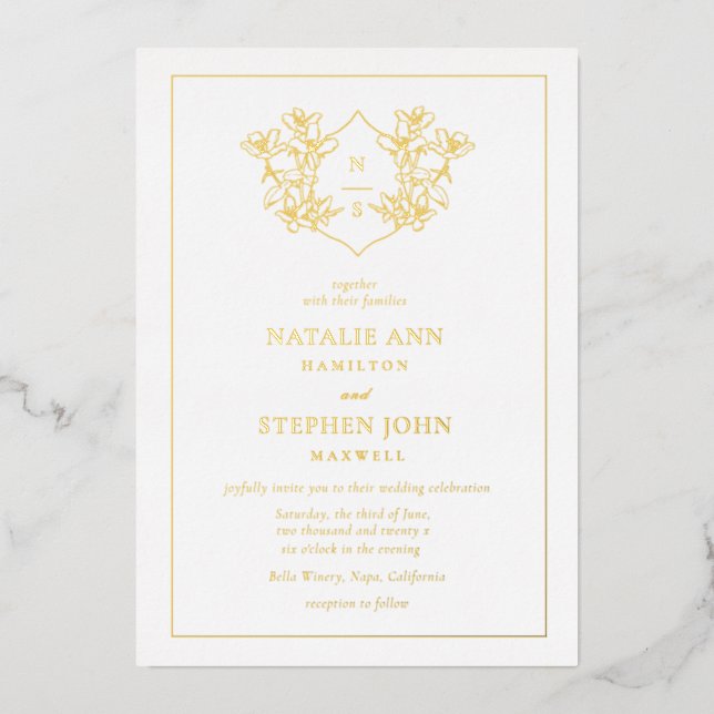 Invitation En Aluminium Élégant Monogramme Wreath Mariage Gold (Recto)