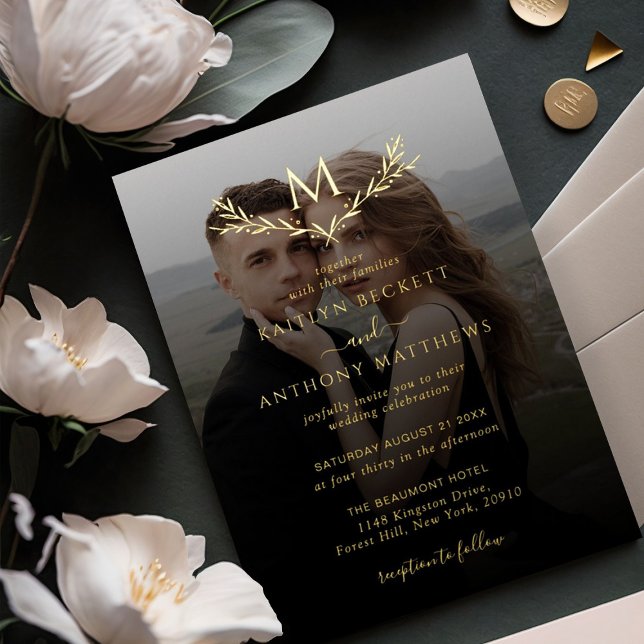 Invitation En Aluminium Élégant Monogramme Wreath Photo Mariage Real (Créateur téléchargé)