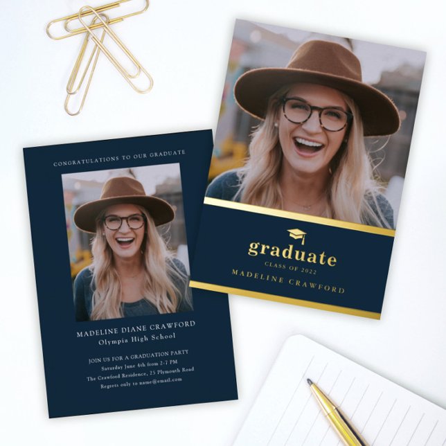 Invitation En Aluminium Elegant Navy Blue and Gold Photo Graduation (Créateur téléchargé)