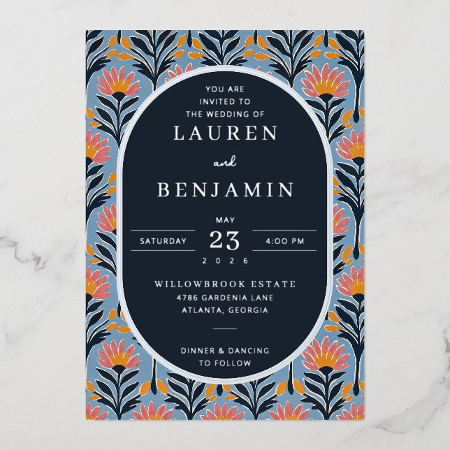 Invitation En Aluminium Elegant Navy Floral (Recto)