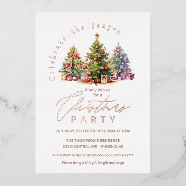 Invitation En Aluminium Élégant Noël Arbres Fête Rose Or (Recto)