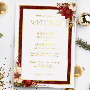 Invitation En Aluminium Élégant Noël Rouge Damas Floral