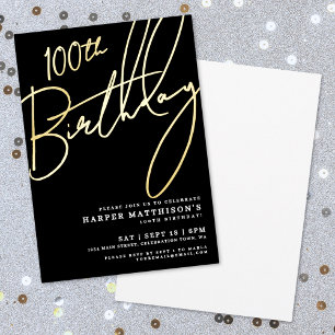 Invitation En Aluminium Elégant Noir 100e Anniversaire Or