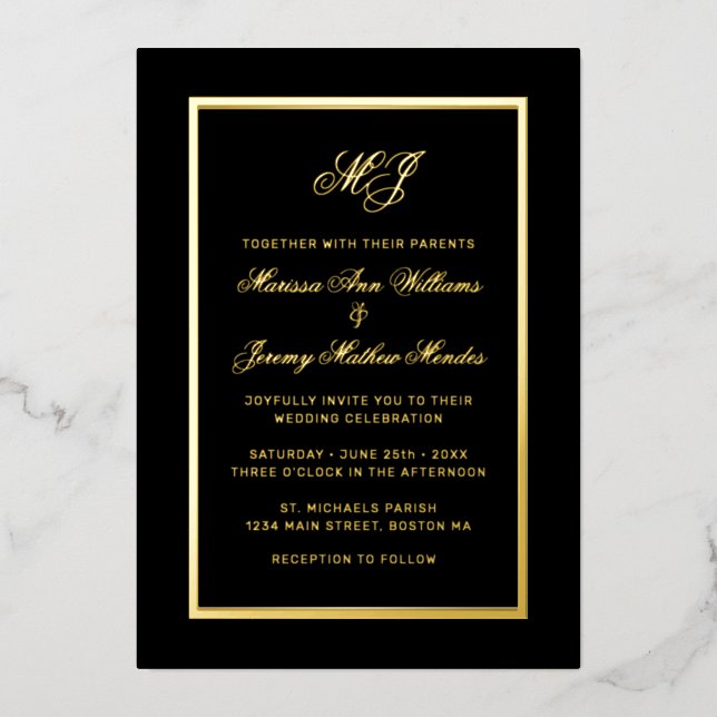 Invitation En Aluminium Élégant Noir Calligraphie Mariage de script (Recto)