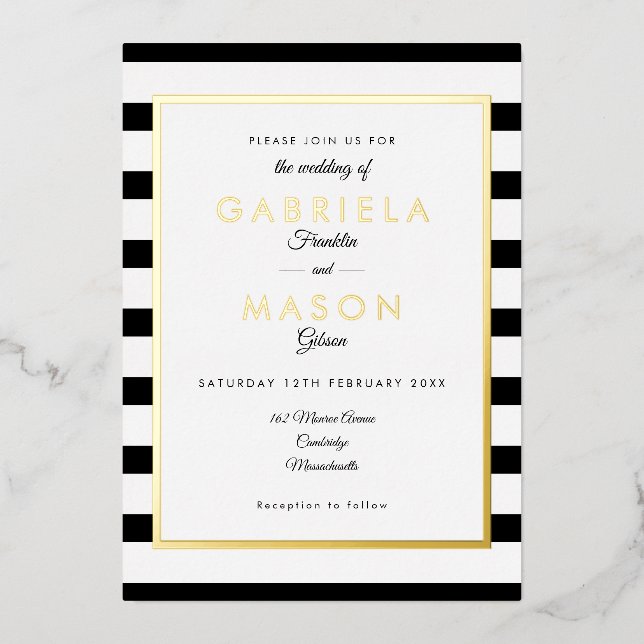 Invitation En Aluminium Elégant noir et blanc Mariage en bande or (Recto)