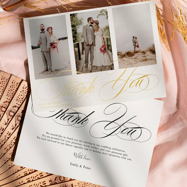 Invitation En Aluminium Elégant noir et blanc merci 3 mariage photo (Elegant white thank you 3 photo wedding foil invitation)