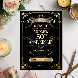 Invitation En Aluminium Élégant Noir et Or 50e Anniversaire de Mariage