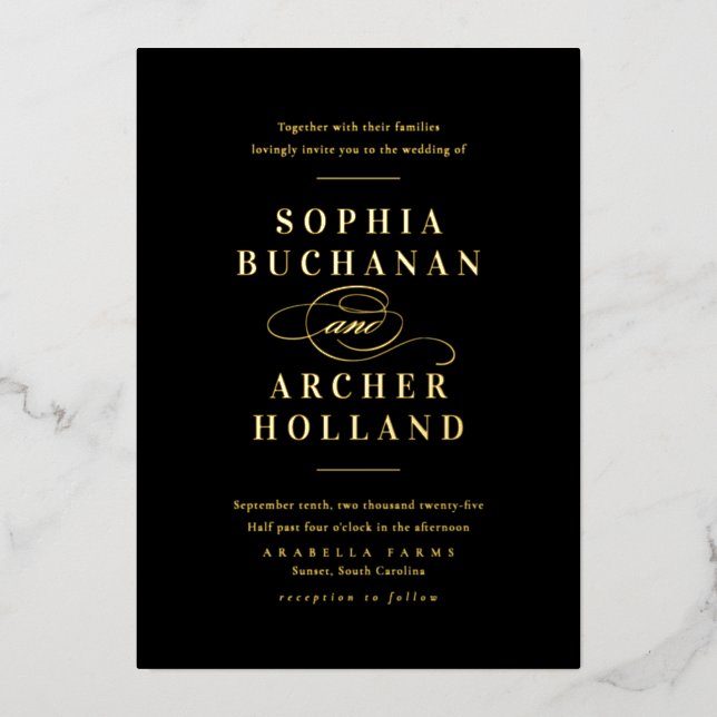 Invitation En Aluminium Élégant noir et or Script Mariage classique (Recto)