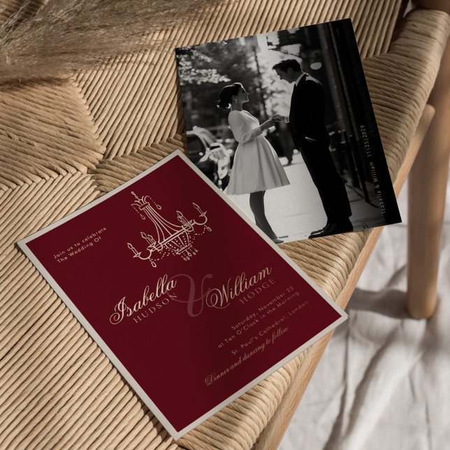 Invitation En Aluminium Elegant Old Money Deep Red Photo Timeless Wedding (Créateur téléchargé)