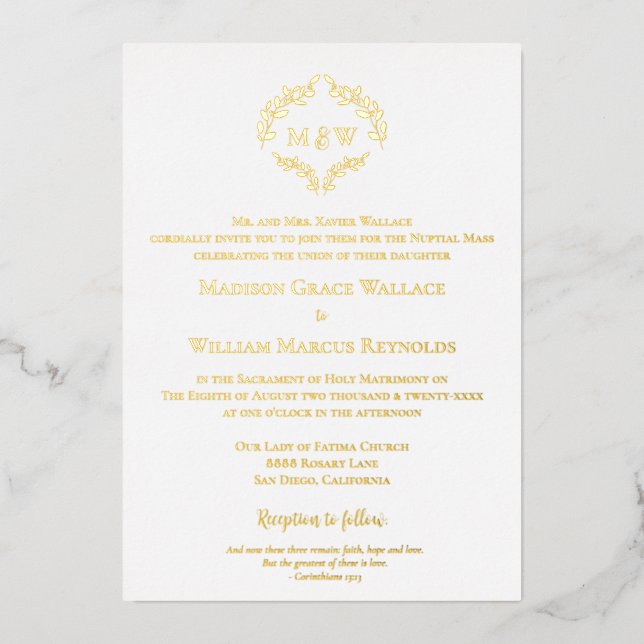 Invitation En Aluminium Elégant or & blanc Cimier Mariage catholique moder (Recto)