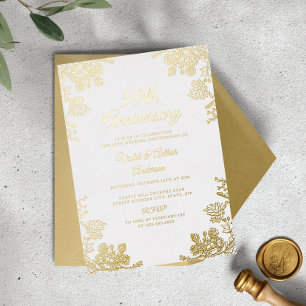 Invitation En Aluminium Elégant or blanc floral 50e anniversaire Mariage