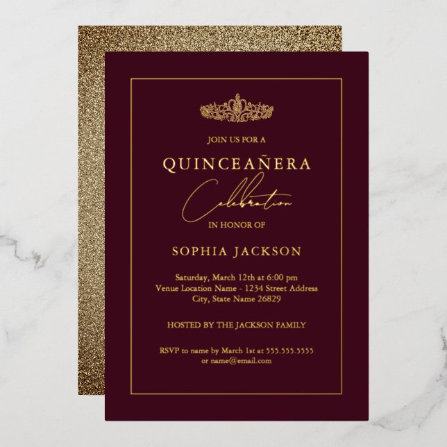 Invitation En Aluminium Elégant or Bourgogne Quinceanera 15e anniversaire (Recto/Verso)