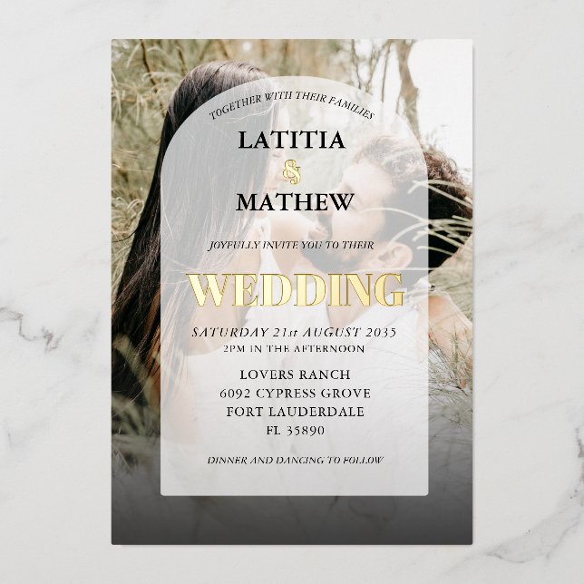 Invitation En Aluminium Élégant or calligraphie Mariage d'arc photo (Recto)