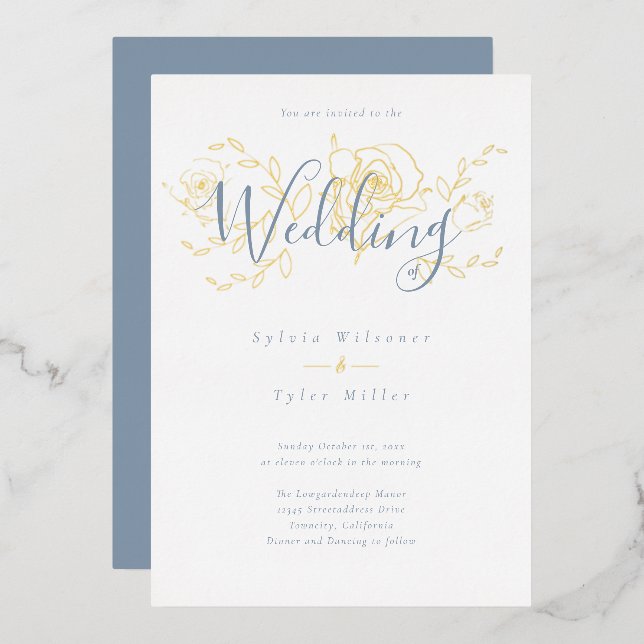 Invitation En Aluminium Elégant or Floral Dusty Mariage bleu (Recto/Verso)