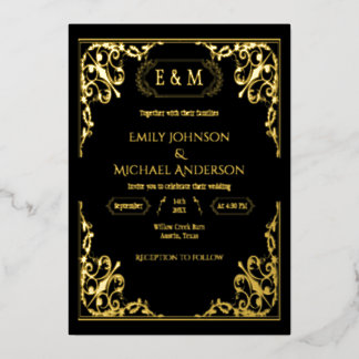 Invitation En Aluminium Élégant or Foil Ornate Monogramme Mariage noir