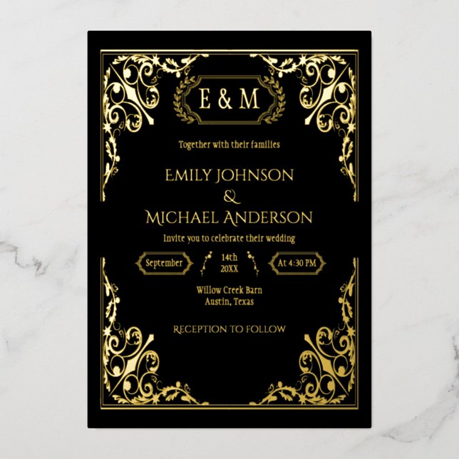 Invitation En Aluminium Élégant or Foil Ornate Monogramme Mariage noir (Recto)