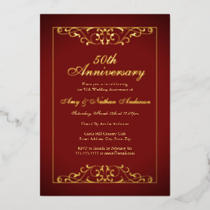 Invitation En Aluminium Élégant Or Rouge 50e Anniversaire de Mariage