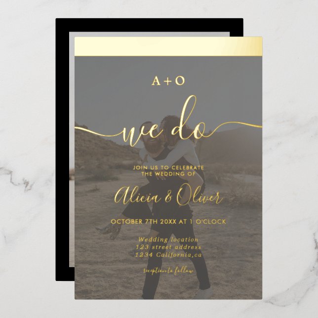 Invitation En Aluminium Élégant or stripe initiales 2 photos mariage (Recto/Verso)