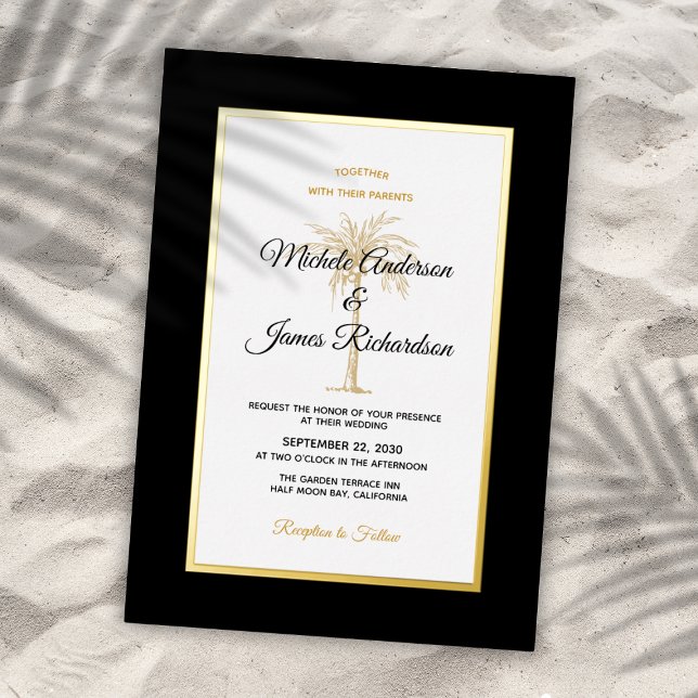 Invitation En Aluminium Élégant Palmier d'or noir Mariage tropical (Elegant Black Gold Palm Tree Tropical Wedding Foil Invitation)