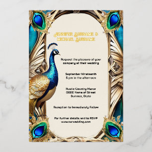 Invitation En Aluminium Elégant paon bleu plumes d'or 3D réel