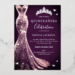 Invitation En Aluminium Élégant Papillon argenté rose pourpre Quinceanera