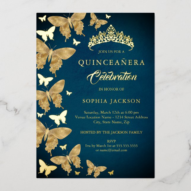 Invitation En Aluminium Élégant Papillon bleu or Quinceanera (Recto)