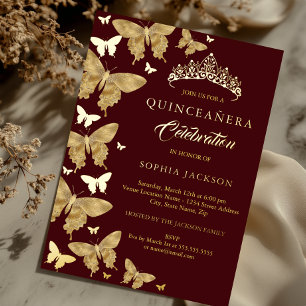 Invitation En Aluminium Élégant Papillon Bourgogne Or Quinceanera