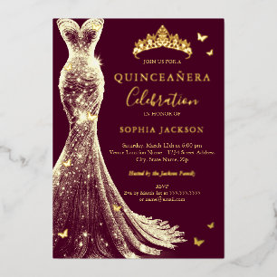 Invitation En Aluminium Élégant papillon d'or de Bourgogne Quinceanera