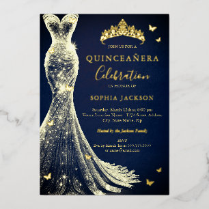 Invitation En Aluminium Elégant Papillon Doré Navy Quinceanera