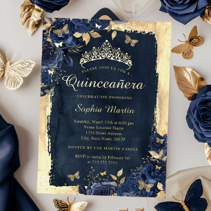 Invitation En Aluminium Elégant papillon floral Marine Or Quinceanera