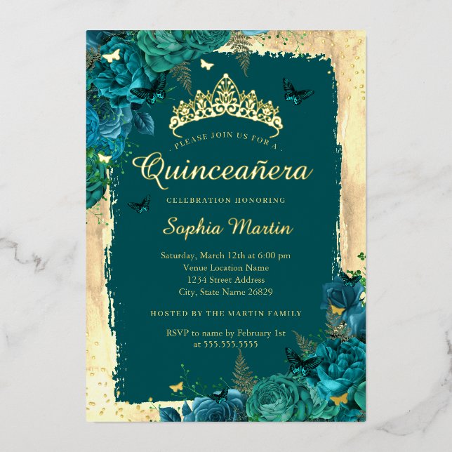 Invitation En Aluminium Élégant papillon floral Or Turquoise Quinceanera (Recto)