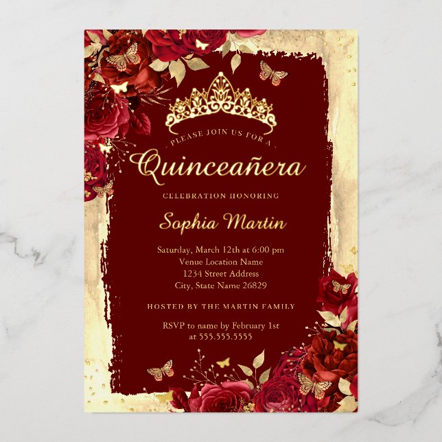 Invitation En Aluminium Élégant papillon floral Rouge Quinceanera or (Recto)