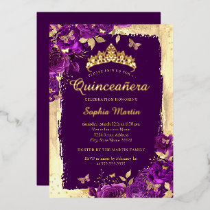 Invitation En Aluminium Élégant papillon floral violet Quinceanera or