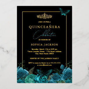 Invitation En Aluminium Élégant Papillon noir bleu photo Quinceanera
