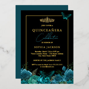 Invitation En Aluminium Élégant Papillon noir bleu Turquoise Quinceanera