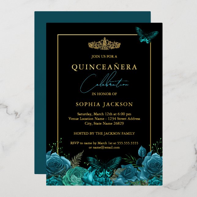 Invitation En Aluminium Élégant Papillon noir bleu Turquoise Quinceanera (Recto/Verso)