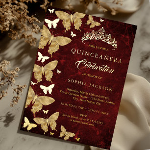 Invitation En Aluminium Élégant Papillon Rouge Or Quinceanera